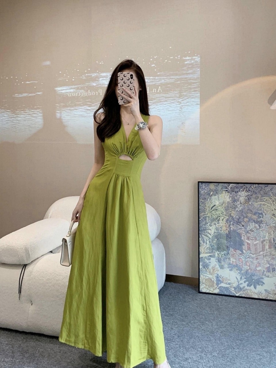 Đầm maxi dáng dài cổ V chất linen siêu mát