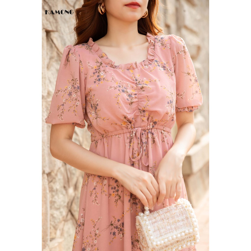Đầm Hoa Cổ Vuông Rút Eo Kamong D139