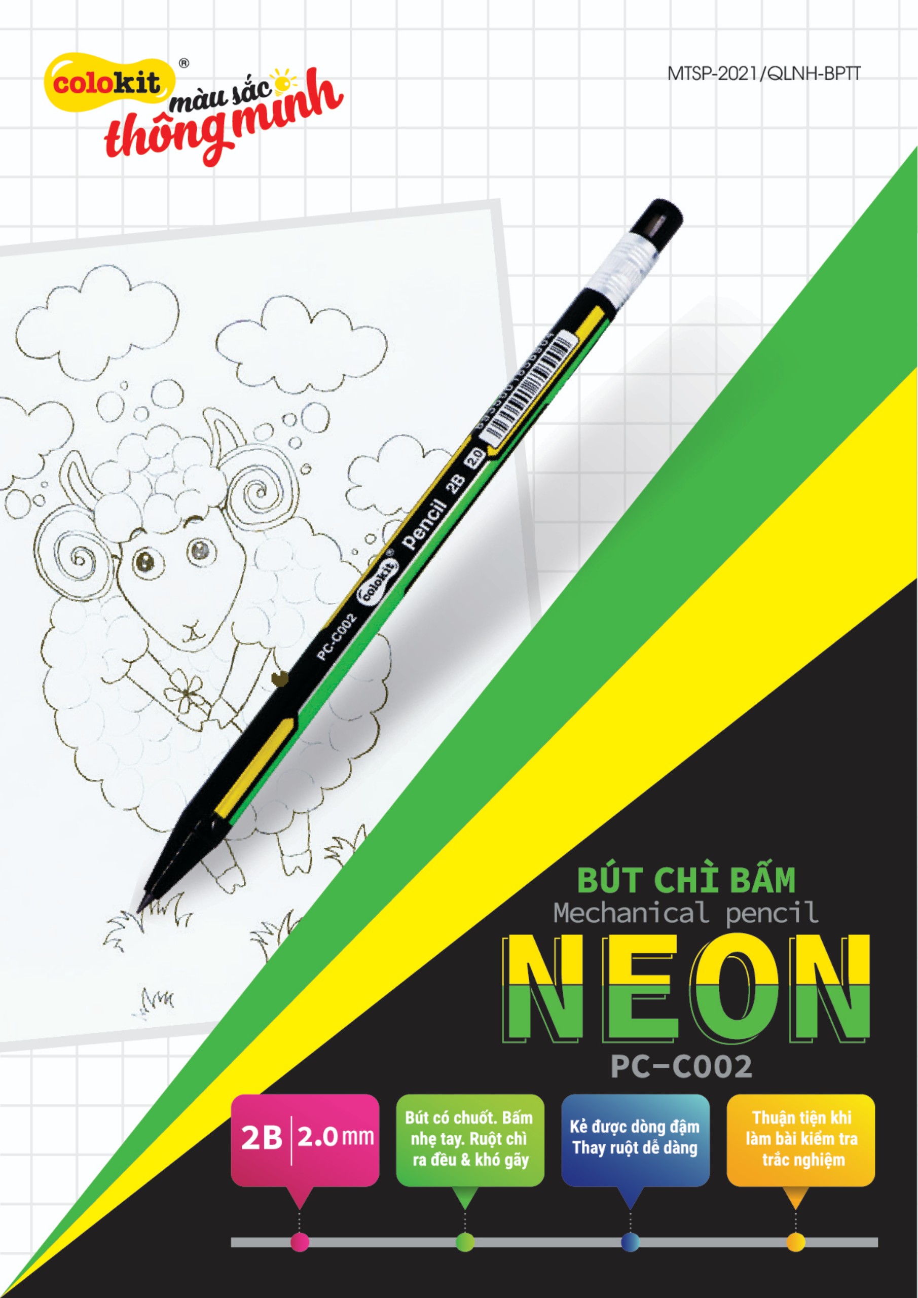 Bút chì bấm thiên long pc-c002, màu neon, min chì 2b, nét 2.0mm