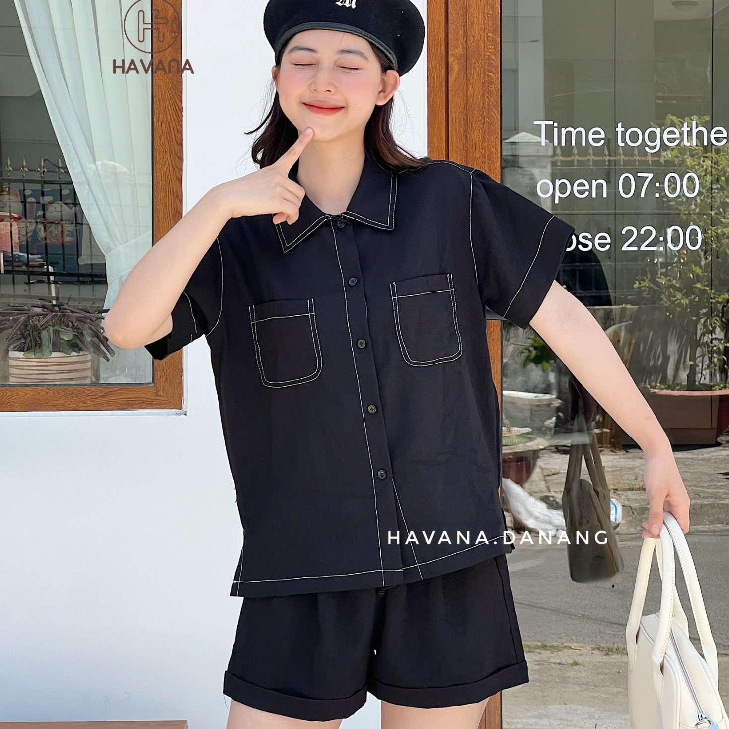 Set áo sơ mi viền chỉ nổi kèm quần short