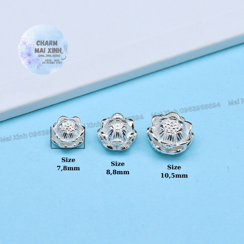 Nụ búp hoa sen bạc thái & bac trắng - 3 kích thước - charm phụ kiện xâu, mix vòng phong thủy nam nữ, làm vòng handmade