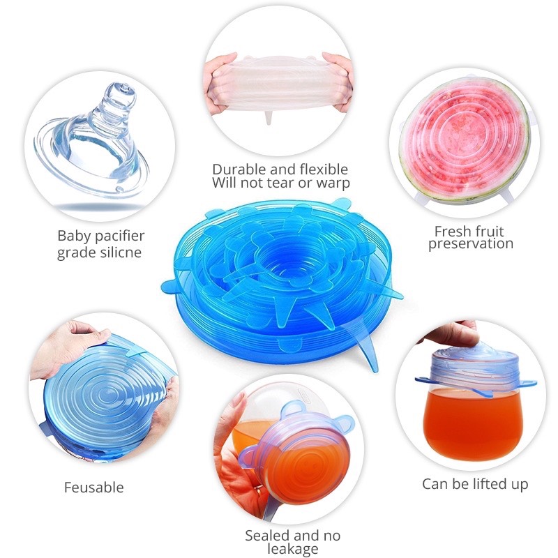 Bộ 6 nắp đậy silicon thay thế màng bọc thực phẩm