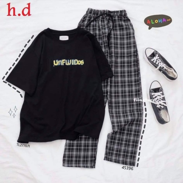 Sét áo chữ UN + quần kẻ đen HĐ12 , Áo thun nam nữ, quần kaki, quần nữ, sét bộ mặc ở nhà, áo thun tay dài, quần jean ống rộng - FANI
