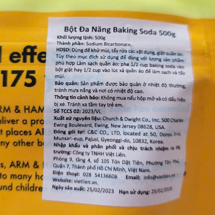 TÚI LỚN 500g --- MUỐI NỔI (phụ gia thực phẩm) [USA] ARM & HAMMER Pure Baking Soda