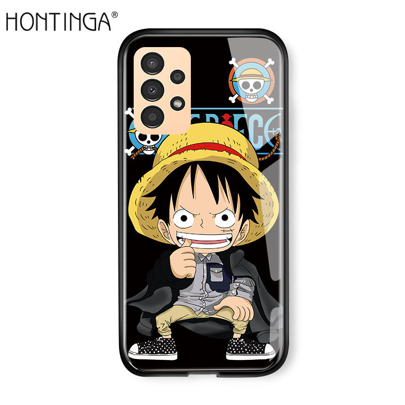 Hontinga Casing Case For Samsung Galaxy A13 4G Case Luxury Soft Edge Anime Casing Luffy Glossy Casing Tempered Glass Phone Case Shockproof Back Cover Casing Hard Case For Boys For Girls