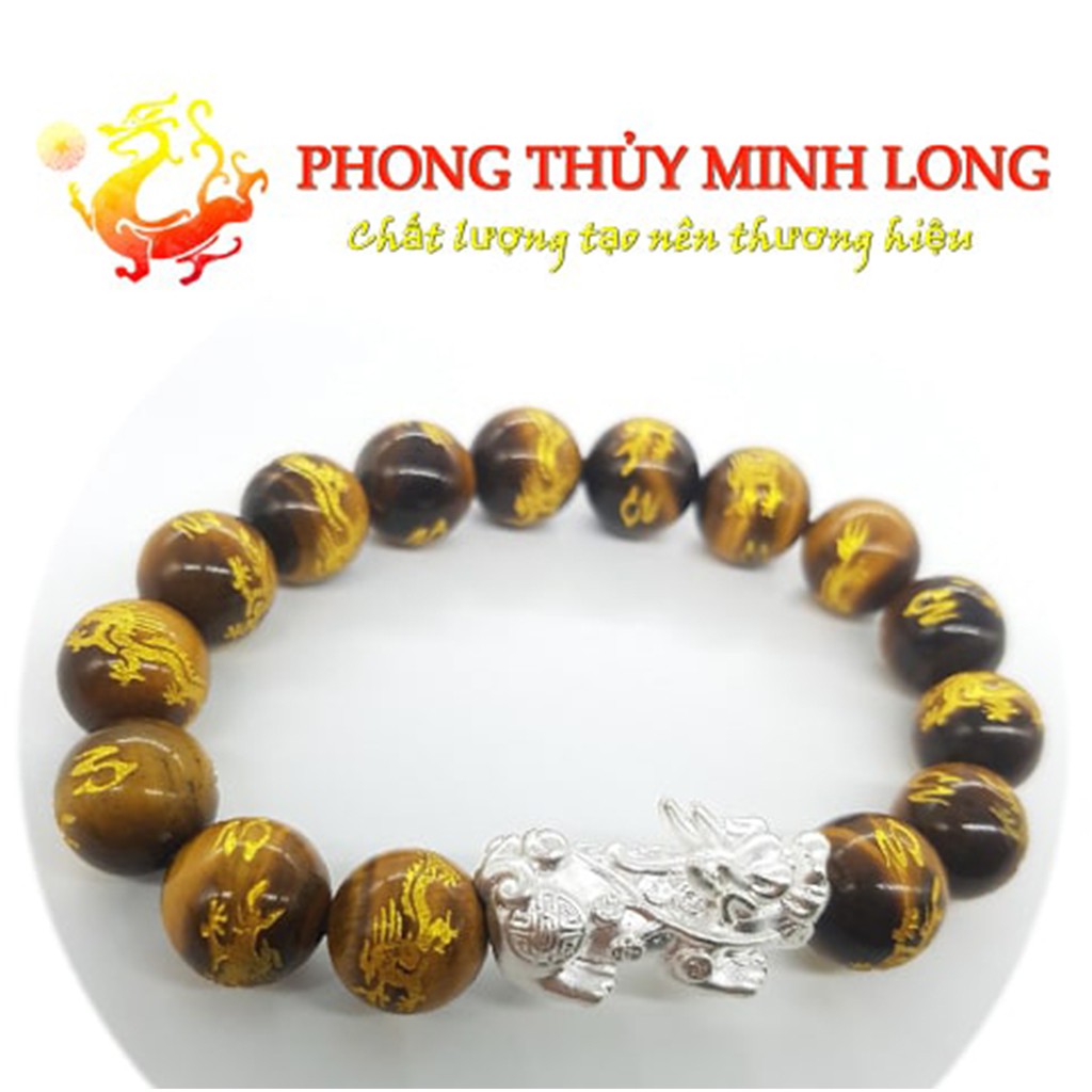 Vòng tay đá Mắt Hổ Vàng Nâu khắc Hình Rồng 5A mix tỳ hưu Bạc