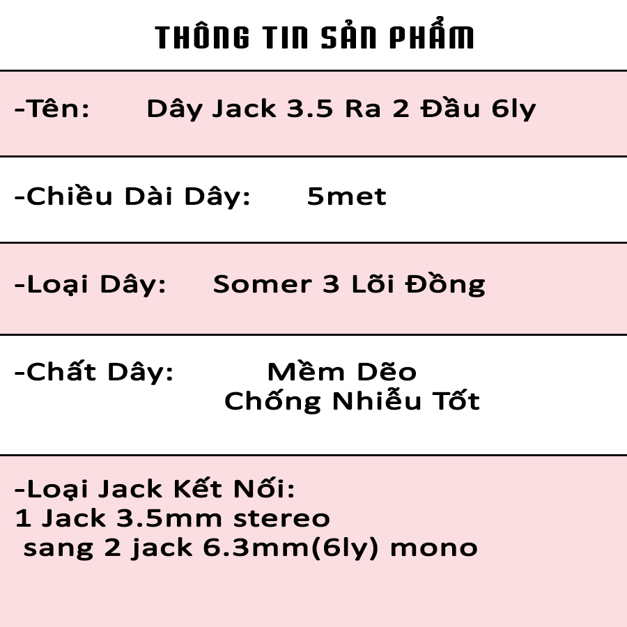 (5 Mét) Dây Jack 3.5Ly Ra 2 Đầu 6Ly (6.5ly)