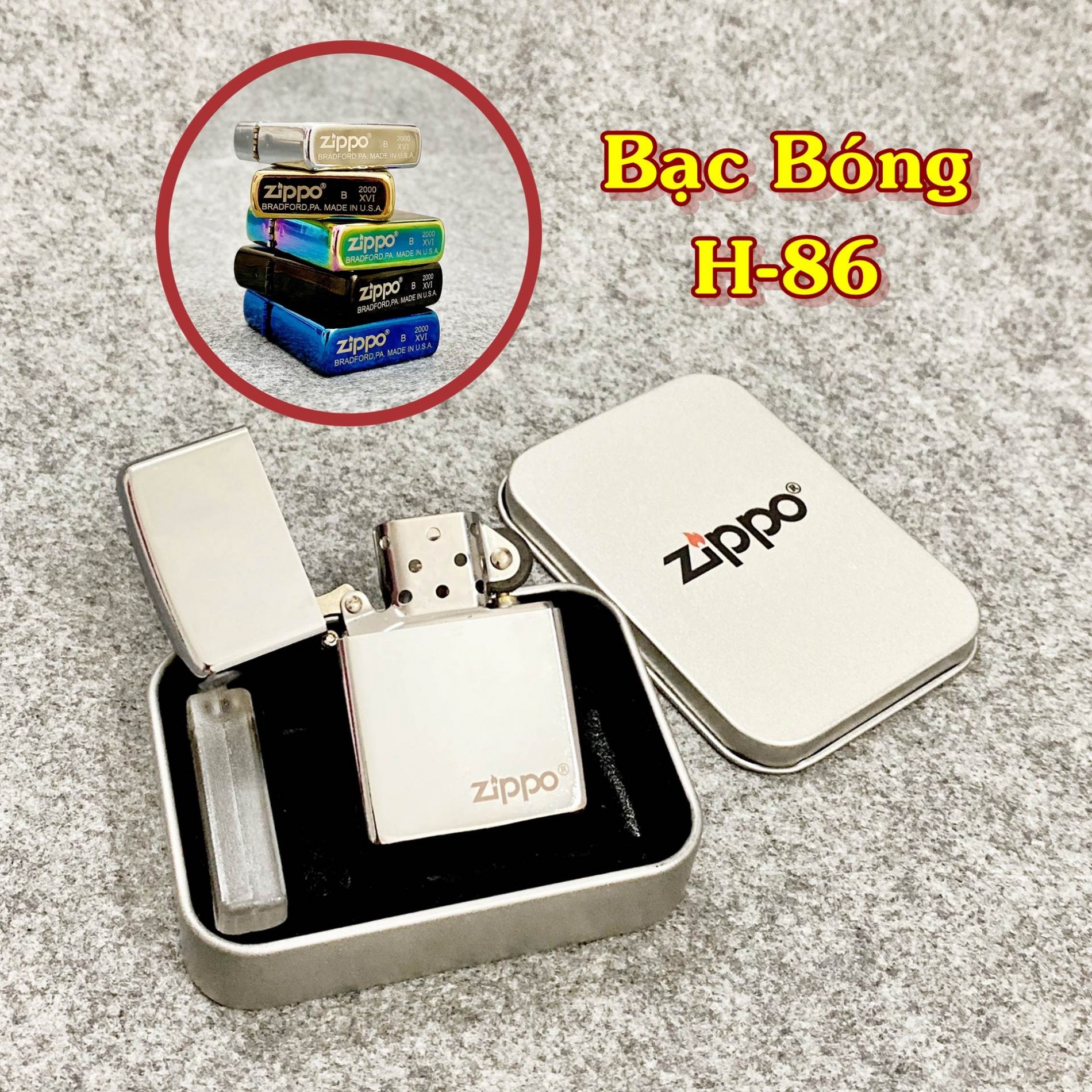 Bật lửa zippo trơn bóng - #bạc bóng h- 86 fullbox