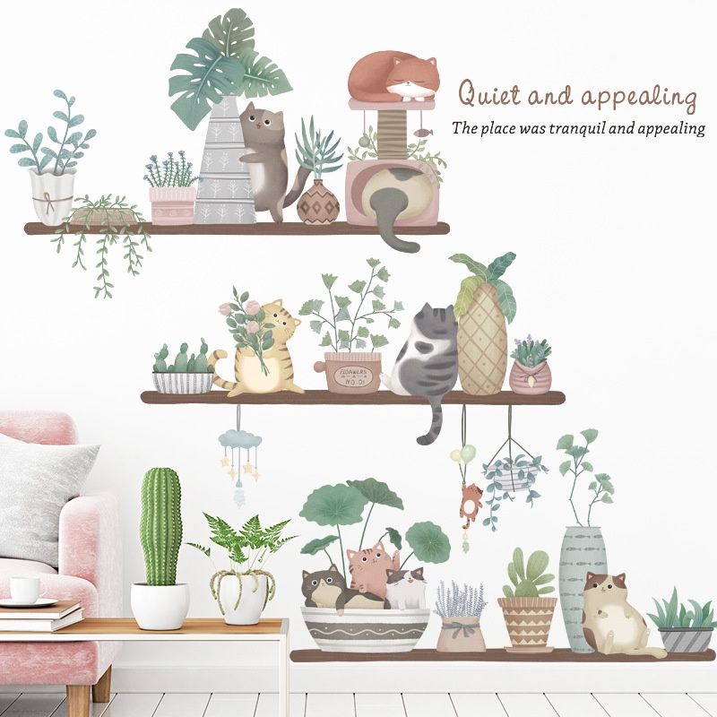 Decal dán tường kệ cây và mèo phong cách hàn quốc
