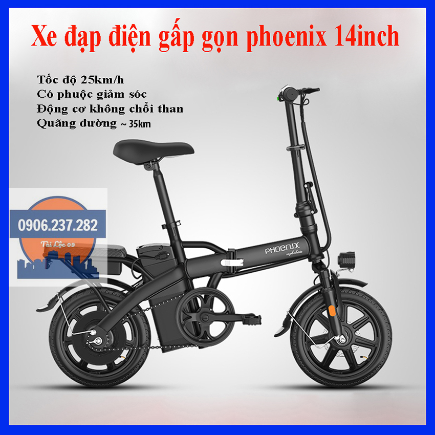 Xe đạp điện xếp gọn phoenix tdt0101z pin lithium 48v-35 tốc độ 23.8km/h, chạy được 35km phuộc giảm sóc, tặng giỏ vải và khóa dây, tựa lưng sau xe đạp điện 14inch, xe đạp điện gấp gọn thông minh, xe đạp điện xếp gọn