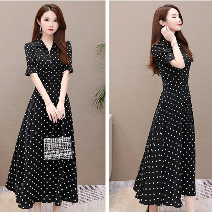 Đầm xòe bi cổ sơ mi dáng dài phối nút. qc 265706