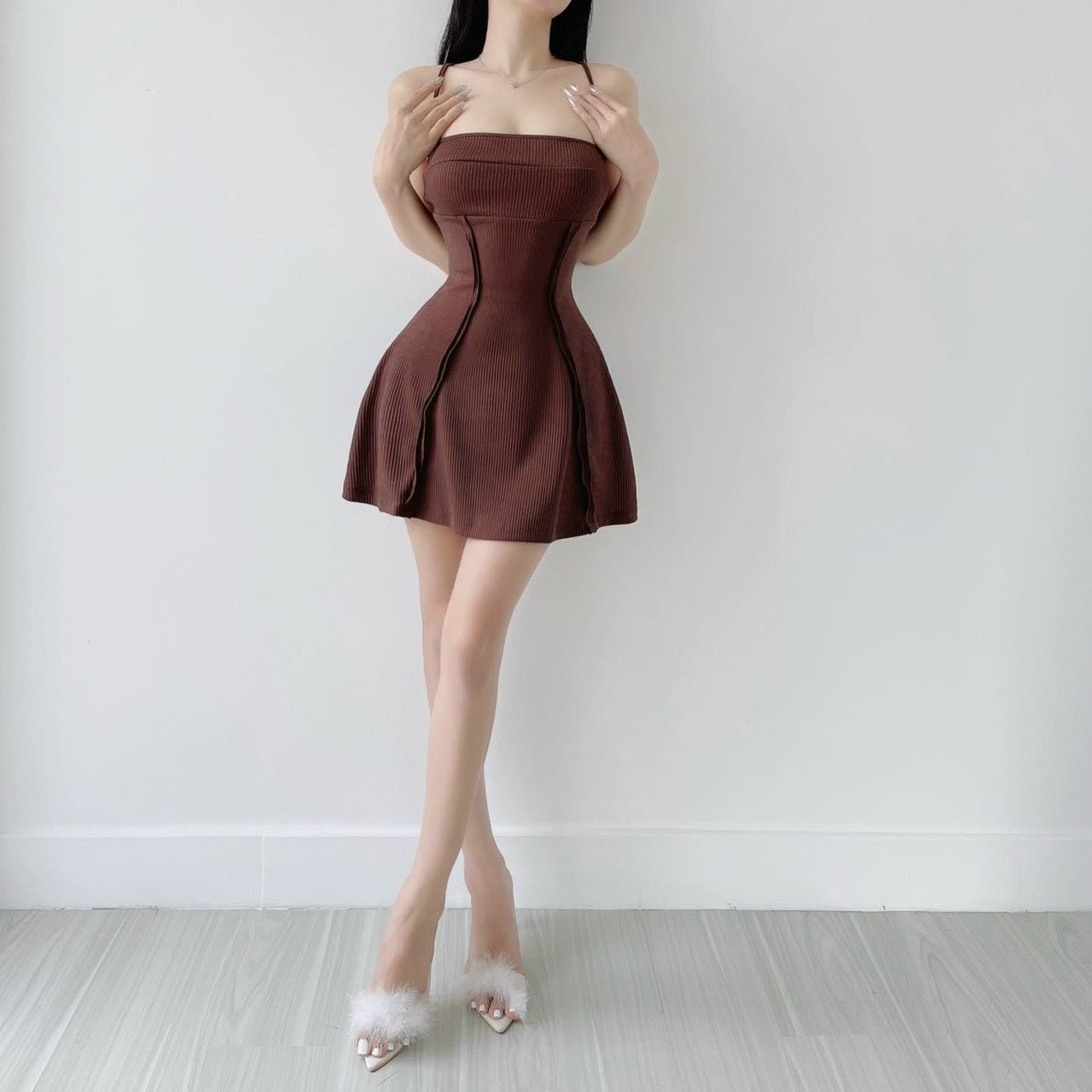Đầm Xòe Hai Dây Thun Gân Siêu Hot