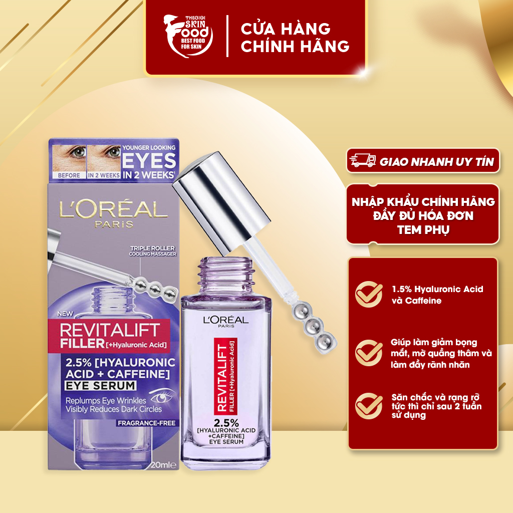 Tinh Chất Dưỡng Mắt Giảm Bọng Mắt, Mờ Quầng Thâm & Làm Đầy Rãnh Nhăn L'oreal Paris Revitalift Hyaluronic Acid Eye Serum 20ml