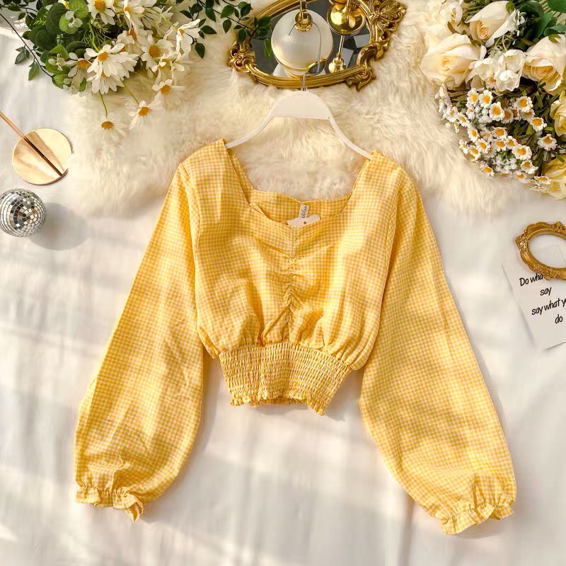 Áo caro kate tay dài nhún eo nhún ngực đáng yêu TTSA0134