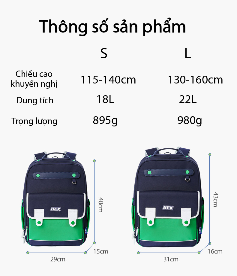 Balo Chống Gù UEK Siêu Nhẹ Chống Bám Bẩn Chống Thấm Nước Tặng Kèm Túi Xách Học Thêm Balo Học Sinh Cặp Sách Chống Gù