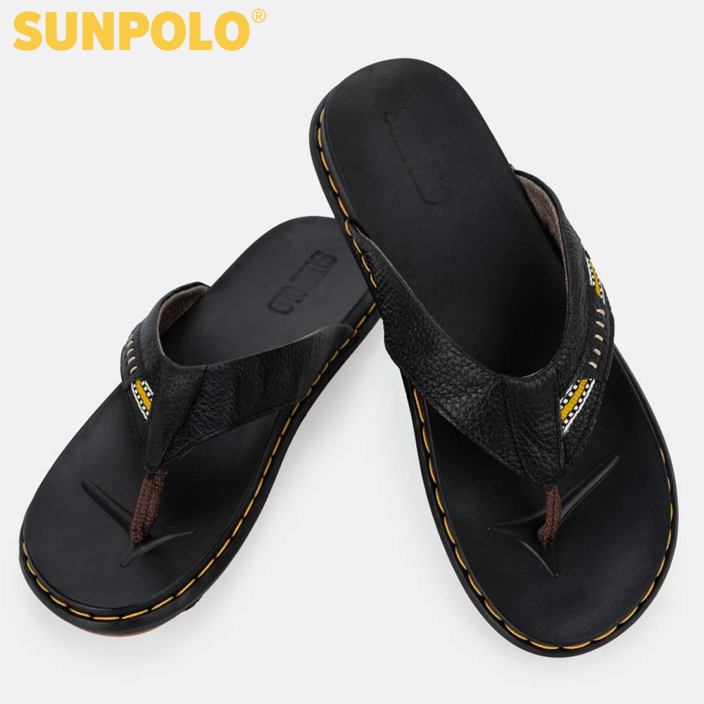 Dép kẹp nam da bò SUNPOLO KEP201 (Đen)