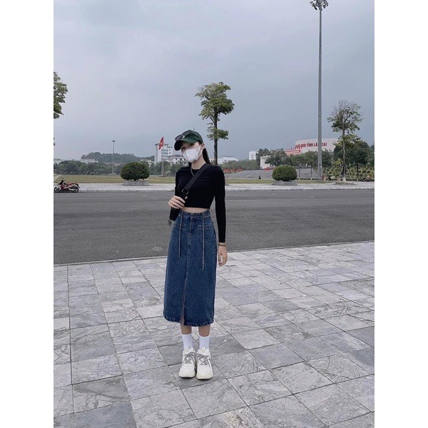 CHÂN VÁY BÒ DENIM TÚI CƠI XẺ TRƯỚC #913