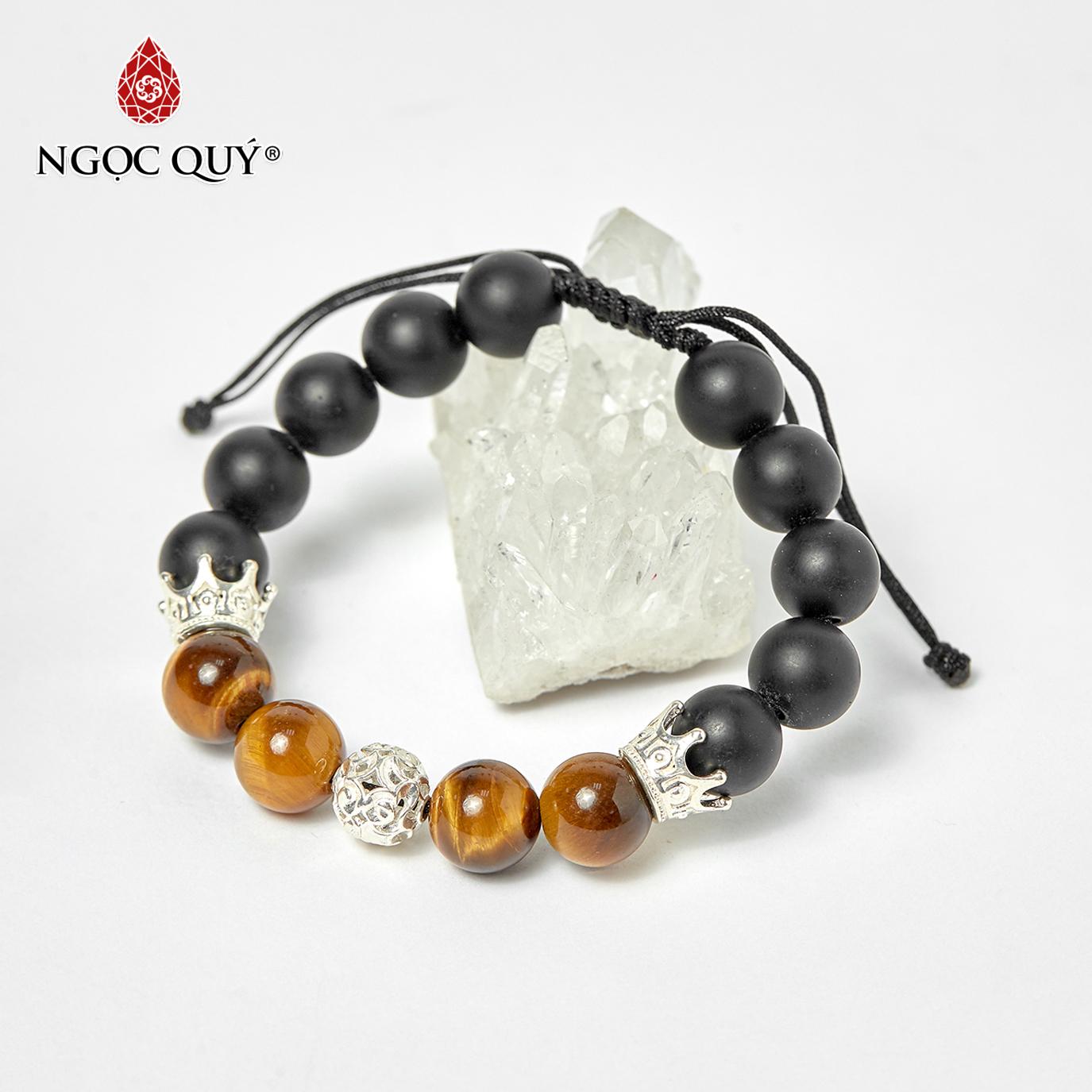 [HCM]Vòng tay đá obsidian phối thạch anh mắt hổ và charm vương miệng bạc 10mm đk 52mm - Ngọc Qúy Gemstones