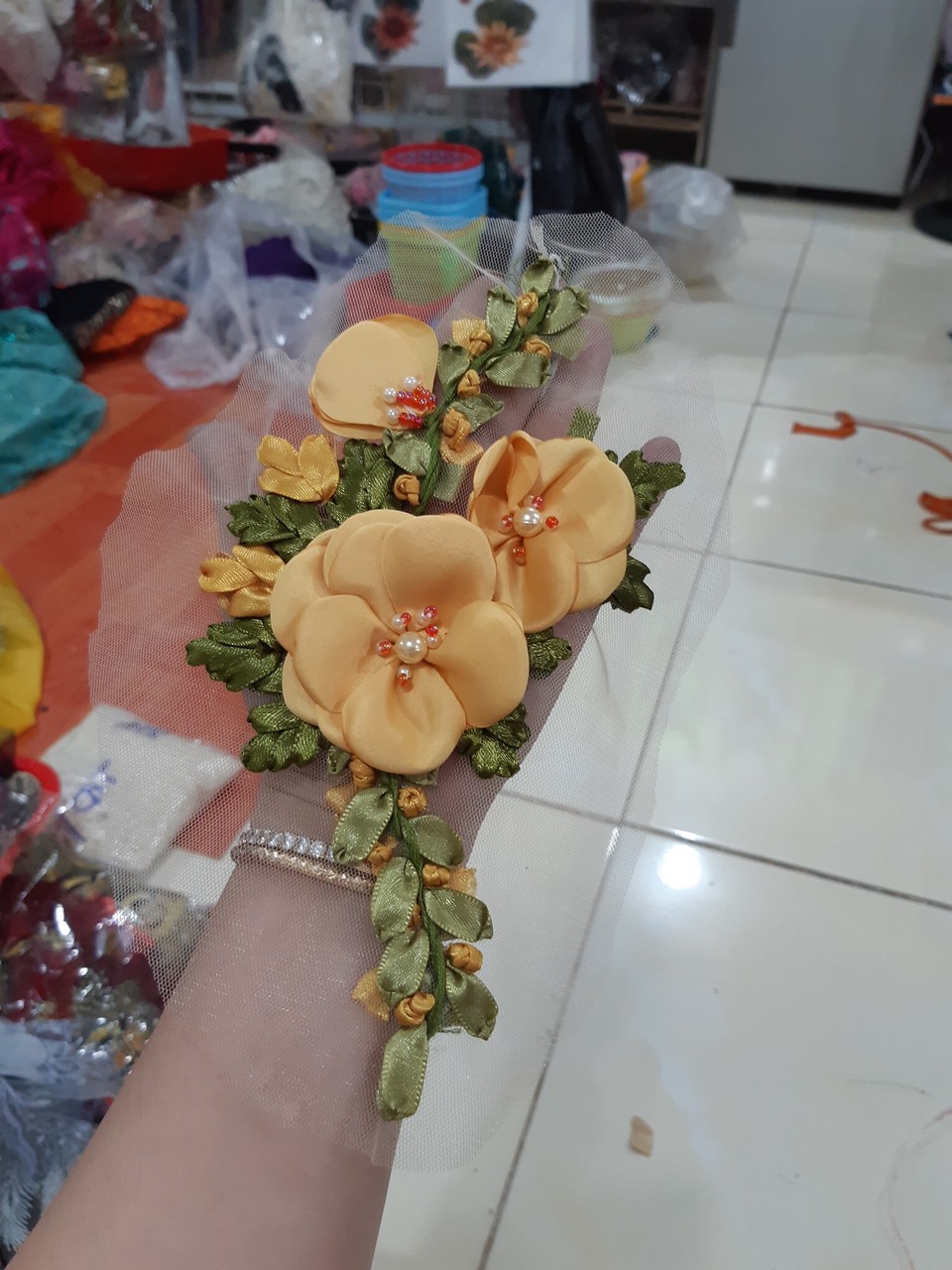 [Ảnh thật] [Có sẵn] hoa thêu ruy băng trà