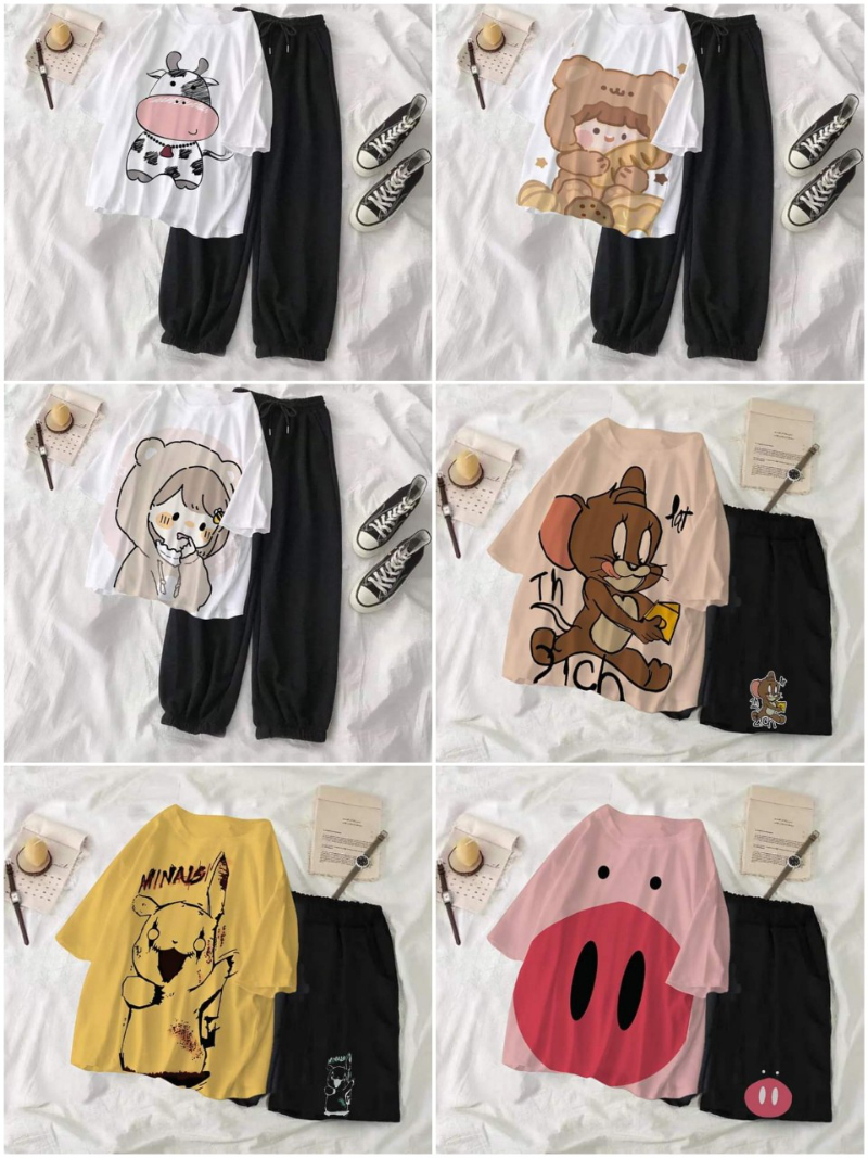 (sỉ lẻ quần áo)Sét 2 món áo thun hình kèm quần đùi cute