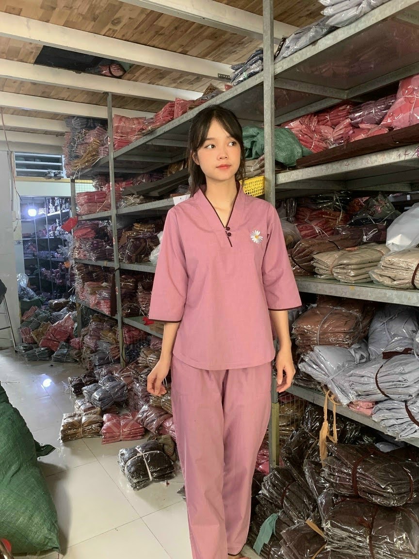 Đồ lam đi chùa nữ vải kate Mẫu hoa cúc