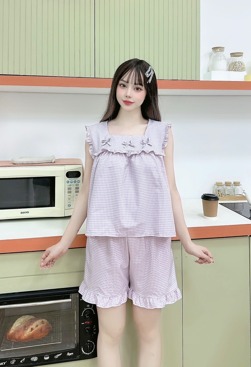 Đồ Ngủ Đùi Caro Vải Kate Lụa Freesize Dưới 54kg