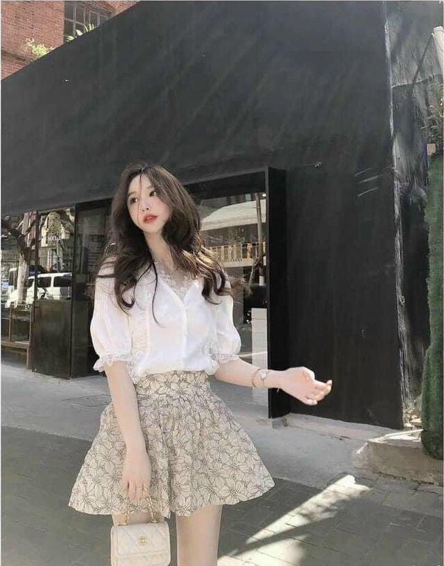 [Hàng giống hình 100%] Set áo sơ mi mix chân váy hoa