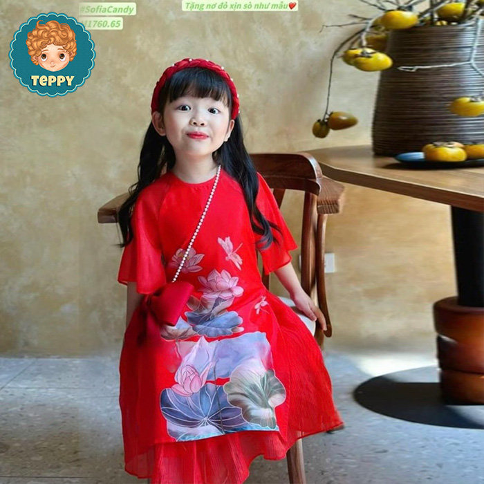 Set áo dài hoa sen cho bé gái (4 món áo dài, váy,kèm cài, túi)