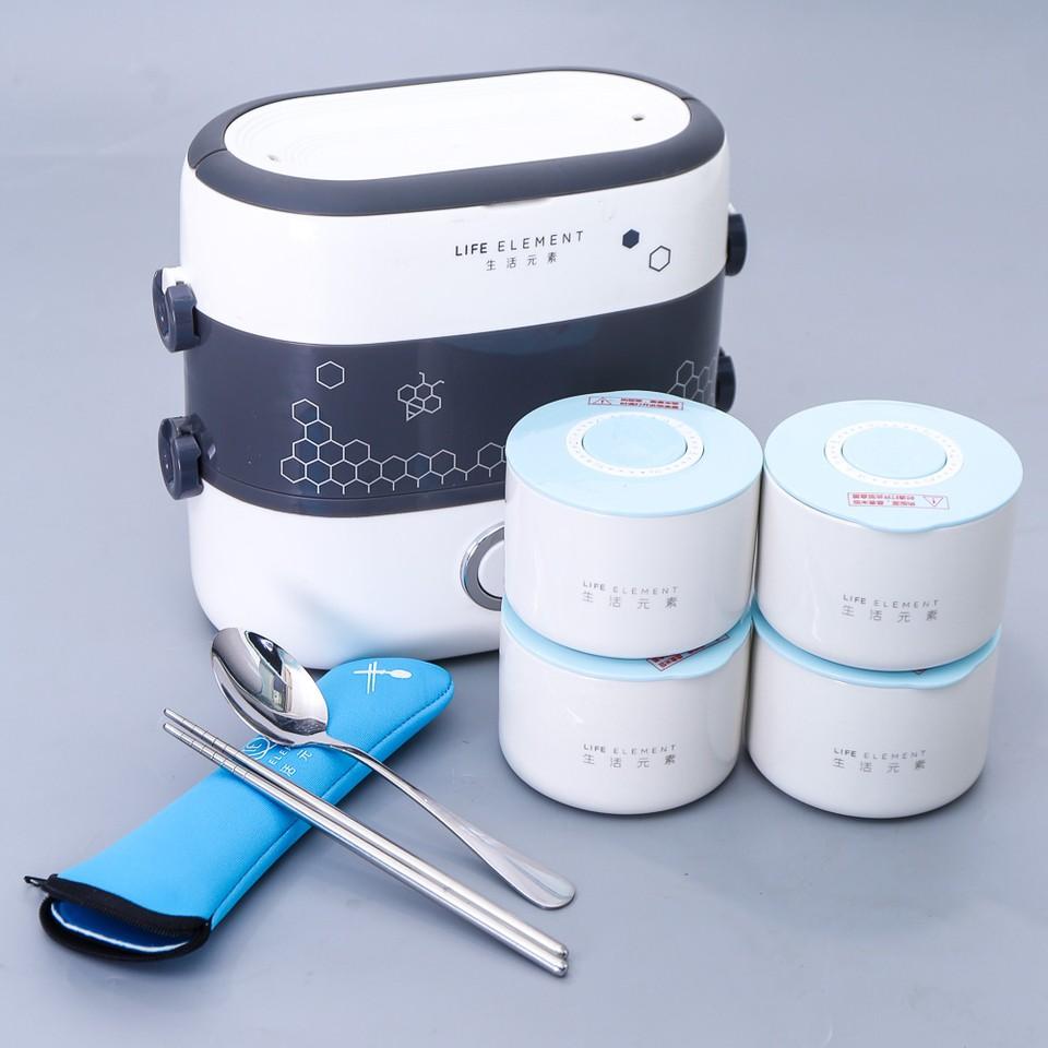 Hộp cơm hâm nóng bằng điện 4 bát gốm sứ cao cấp kiêm nồi cơm mini Life Element (Bảo hành 12 tháng)