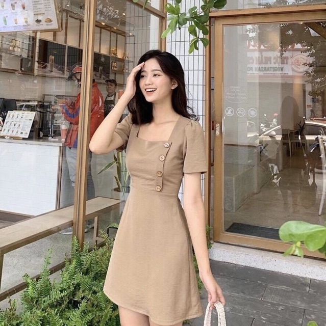 Đầm cổ vuông nút dừa 3 màu