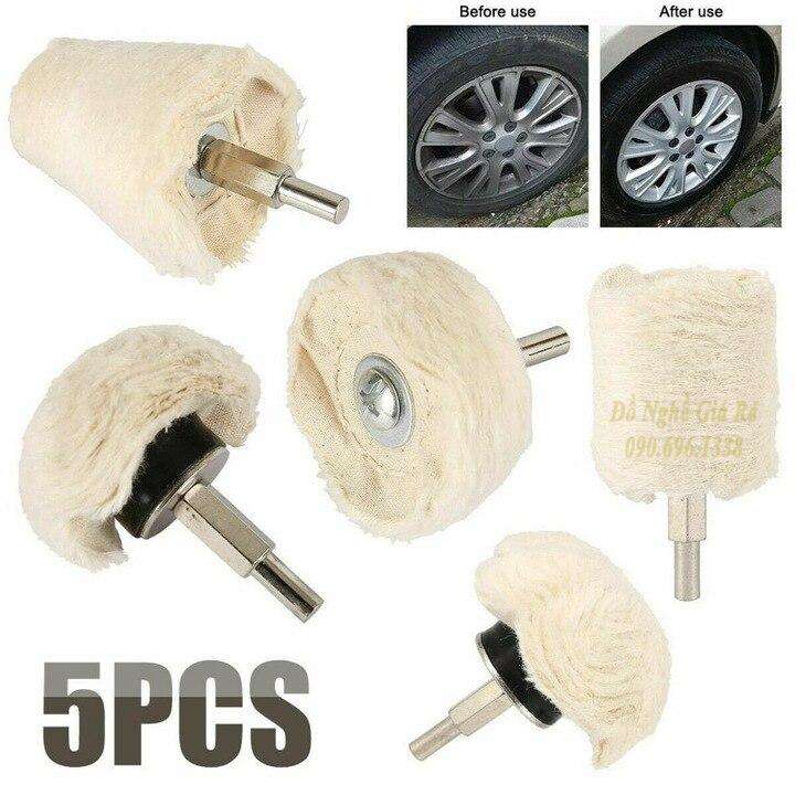 Bộ 5 đầu phớt lông cừu đánh bóng xe - Vải đánh bóng ô tô xe máy inox gắn cho máy khoan