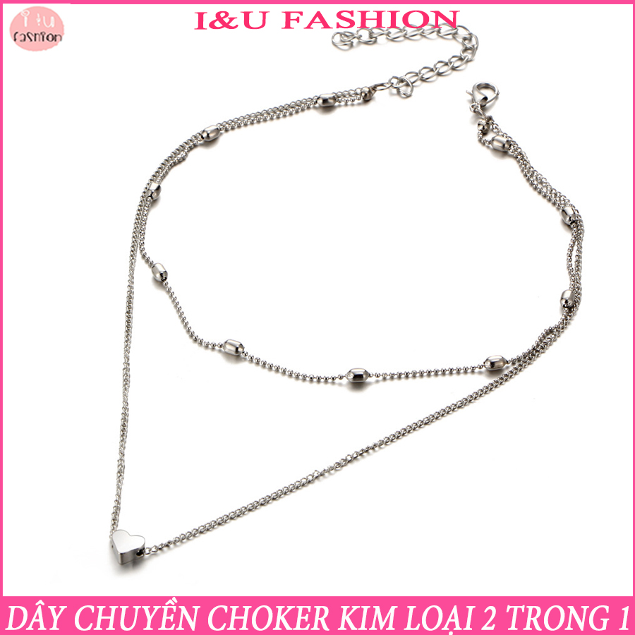 Dây chuyền , vòng cổ choker 2 lớp dạng sợi chất liệu kim loại 2 trong 1 , gồm 1 dây dài hình trái tim và 1 dây ngắn độc đáo cá tính cho nữ VC-29