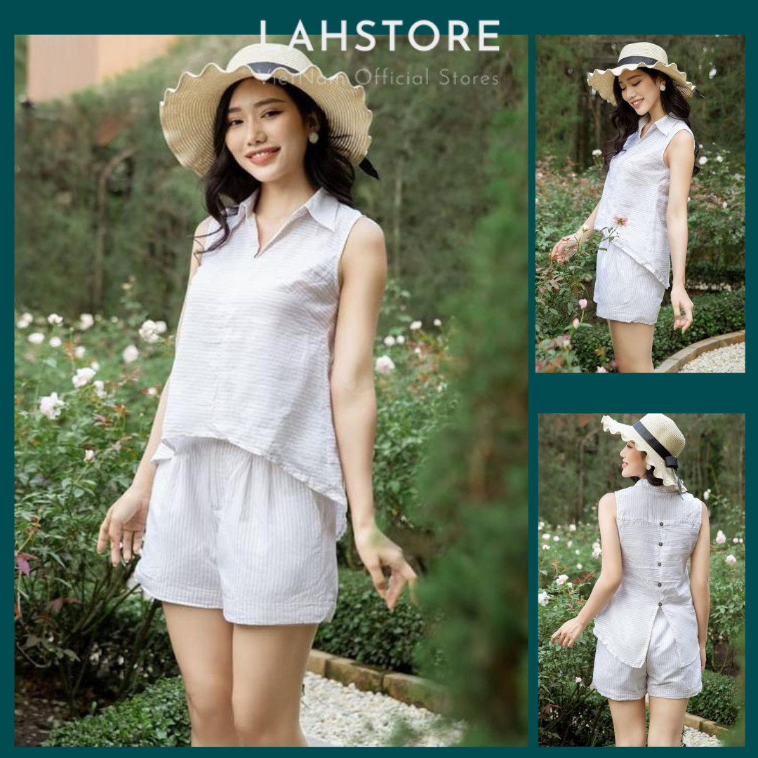 Đồ bộ linen nữ slinen, chất linen bột kẻ sọc cao cấp, áo ghile cổ bẻ dáng lửng, quần short 2 cạp sdlksnu02