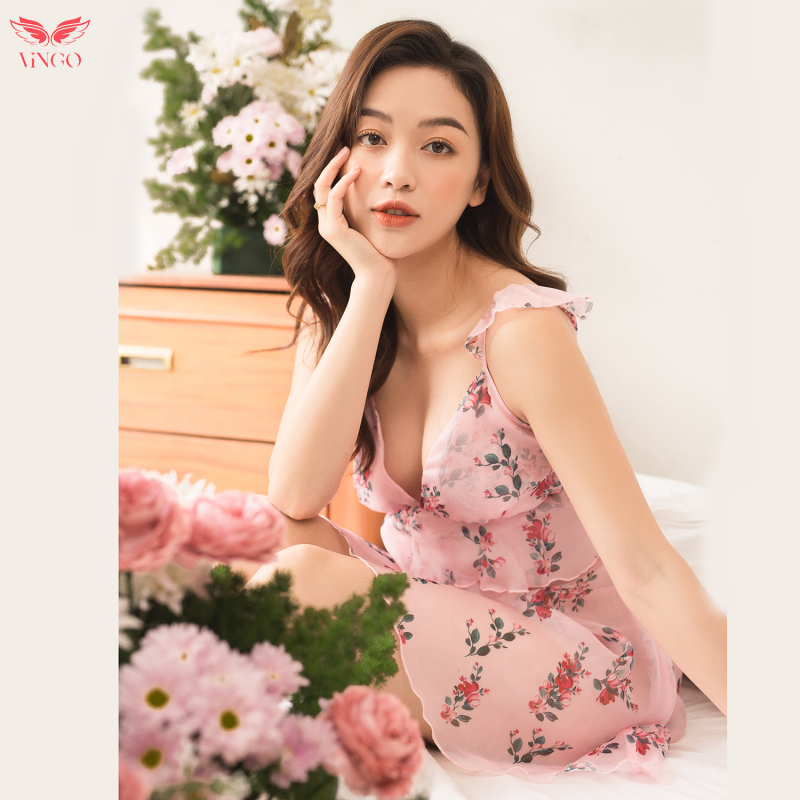 Nơi bán Váy đầm ngủ nữ sexy voan mềm xuyên thấu tay bèo họa tiết hoa nữ tính Hàng thiết kế Vingo VNGO VG90