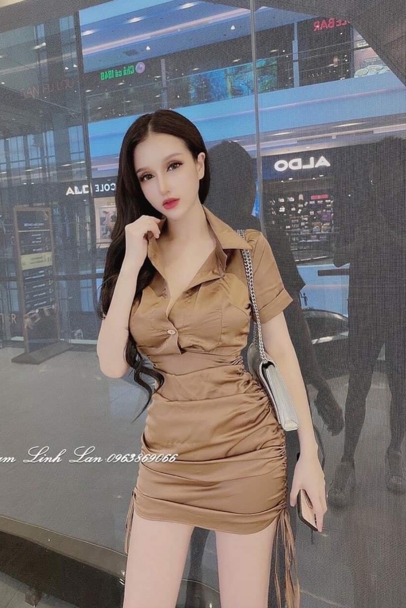 Đầm cổ sơ mi rút dây hai bên hông dễ thương