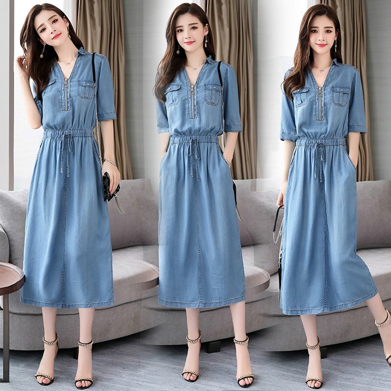 Đầm jean xòe phối dây kéo-TD#damnu