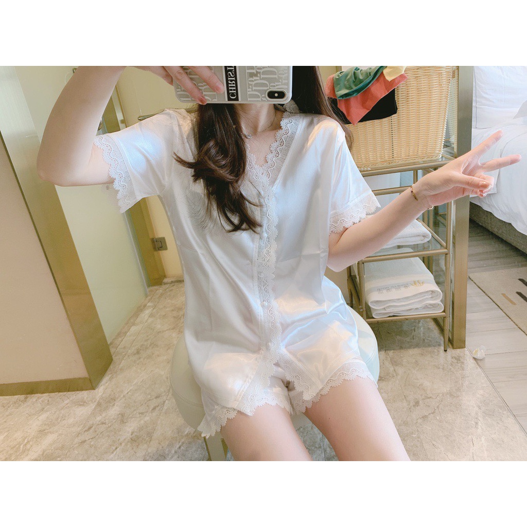 Đồ Ngủ � Sét Bộ Pijama Lụa Tay Ngắn-Quần Đùi Tiểu Thư Phối Ren Dễ Thương 💖 Chất Liệu Satin , ĐỒ BỘ NỮ MẶC NHÀ MÙA HÈ - Trùm Túi A1