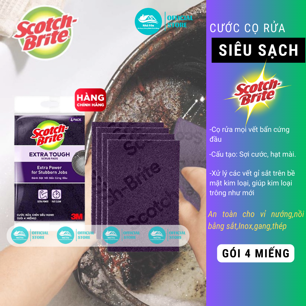 Gói 4 Miếng Cước Cọ Rửa Siêu Mạnh 3M Scotch Brite Thế Hệ Mới-Đánh Tan Mọi Vết Cháy Bẩn Của Nồi,Niêu,Xoong,Chảo,Vỉ Nướng