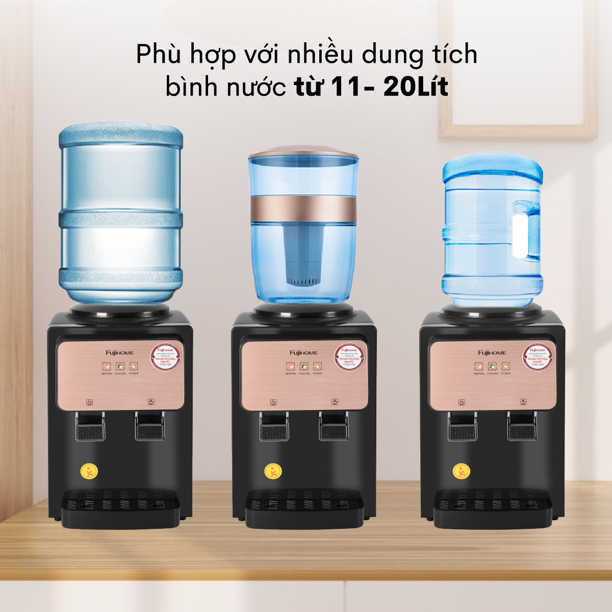 Cây nước nóng lạnh để bàn mini nhập khẩu FUJIHOME WD03E làm lạnh điện tử, làm nóng nhanh, tiết kiệm điện, bảo hành điện tử toàn quốc 12 tháng