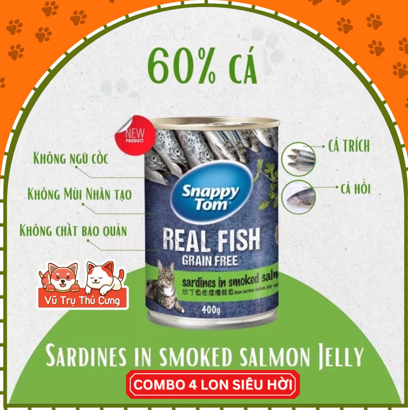 Combo 4 lon Pate Lon Snappy Tom Real Fish cho Mèo 400g với hàm lượng dinh dưỡng cao từ cá trích thật
