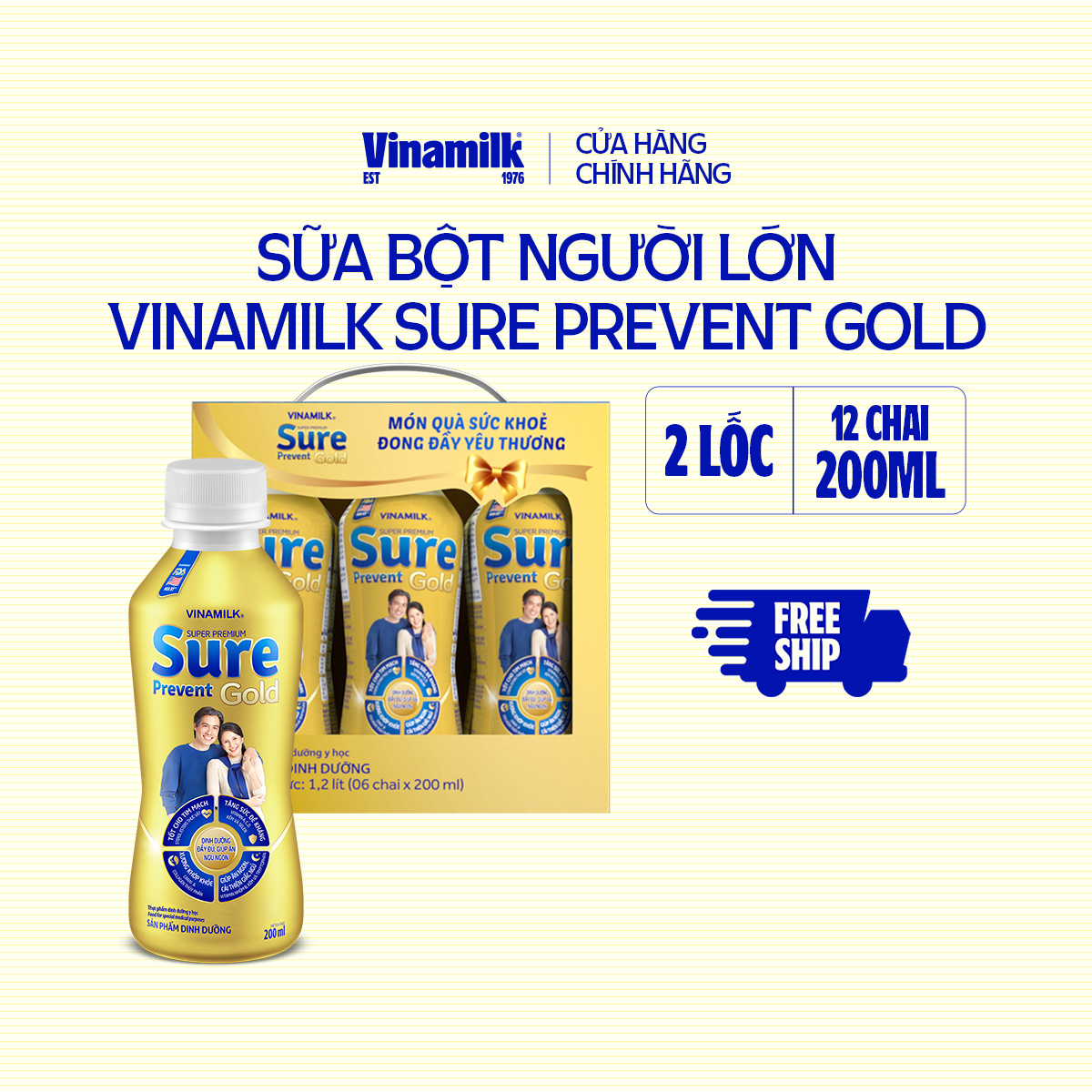 2 Lốc Sữa bột pha sẵn cho người lớn tuổi Vinamilk Sure Prevent Gold - Lốc 6 chai x 200ml - Sữa nước 