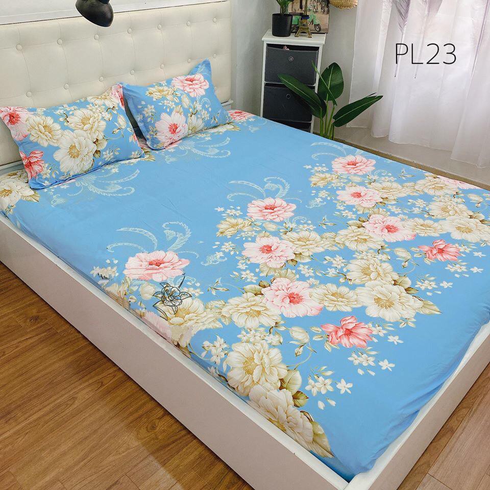 Bộ Ga Gối Cotton Poly ( 1 ga chun, 2 áo gối nằm) Mẫu Hoa Trà Xanh