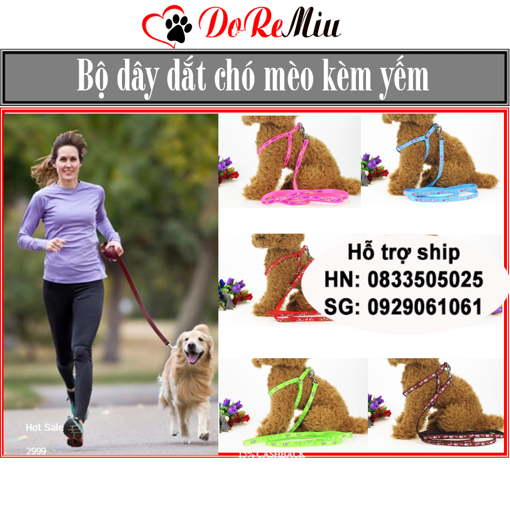 Doremiu- Bộ Dây dắt chó mèo kèm yếm ngực loại dây yên ngựa in hoa 2 lớp họa tiết đẹp mắt