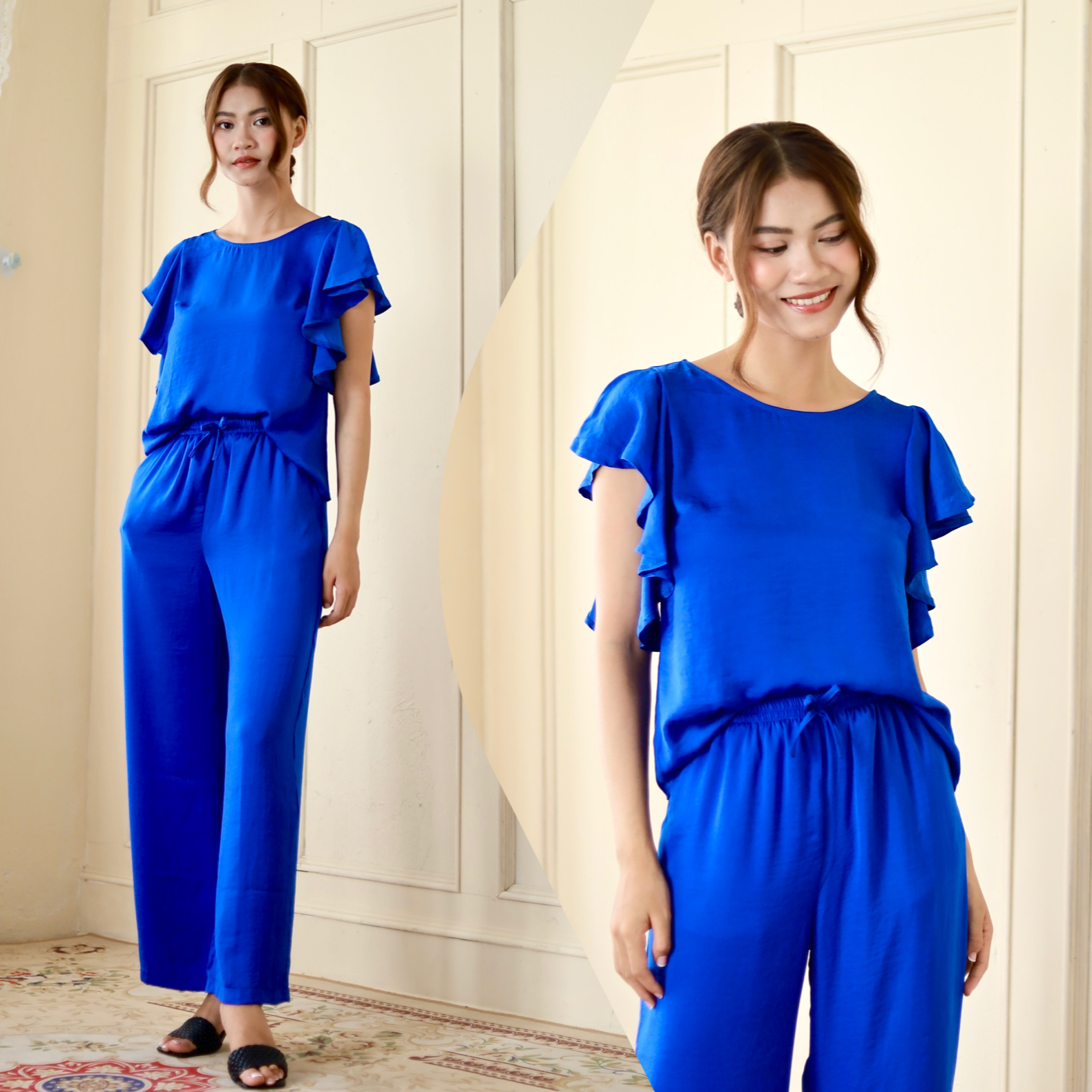 Đồ bộ lụa quần dài ống rộng tay tiên Infashion