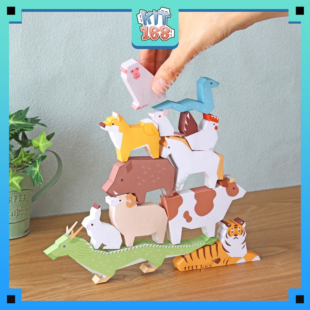Mô hình giấy Động vật hình khối 12 con giáp