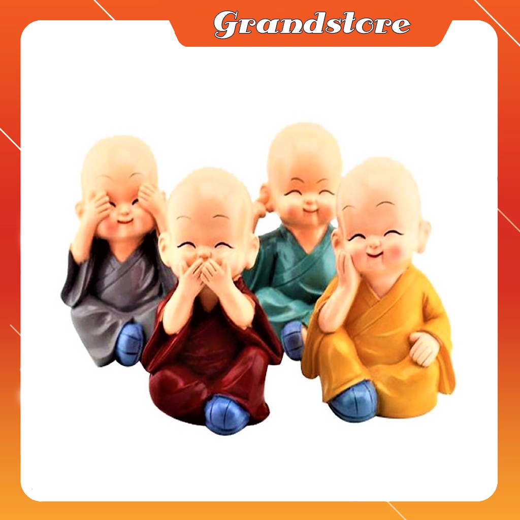 Bộ tượng 4 chú tiểu tứ không phong thủy mini cười vui vẻ bình an hoan hỷ, may mắn, an nhiên để bàn trang trí ô tô, hồ cá