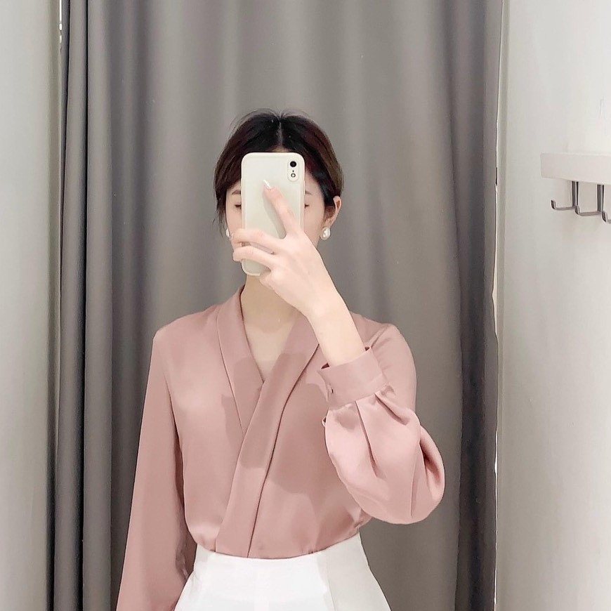 Áo sơ mi kiểu công sở nữ - áo sơ mi lụa cổ v chéo 037