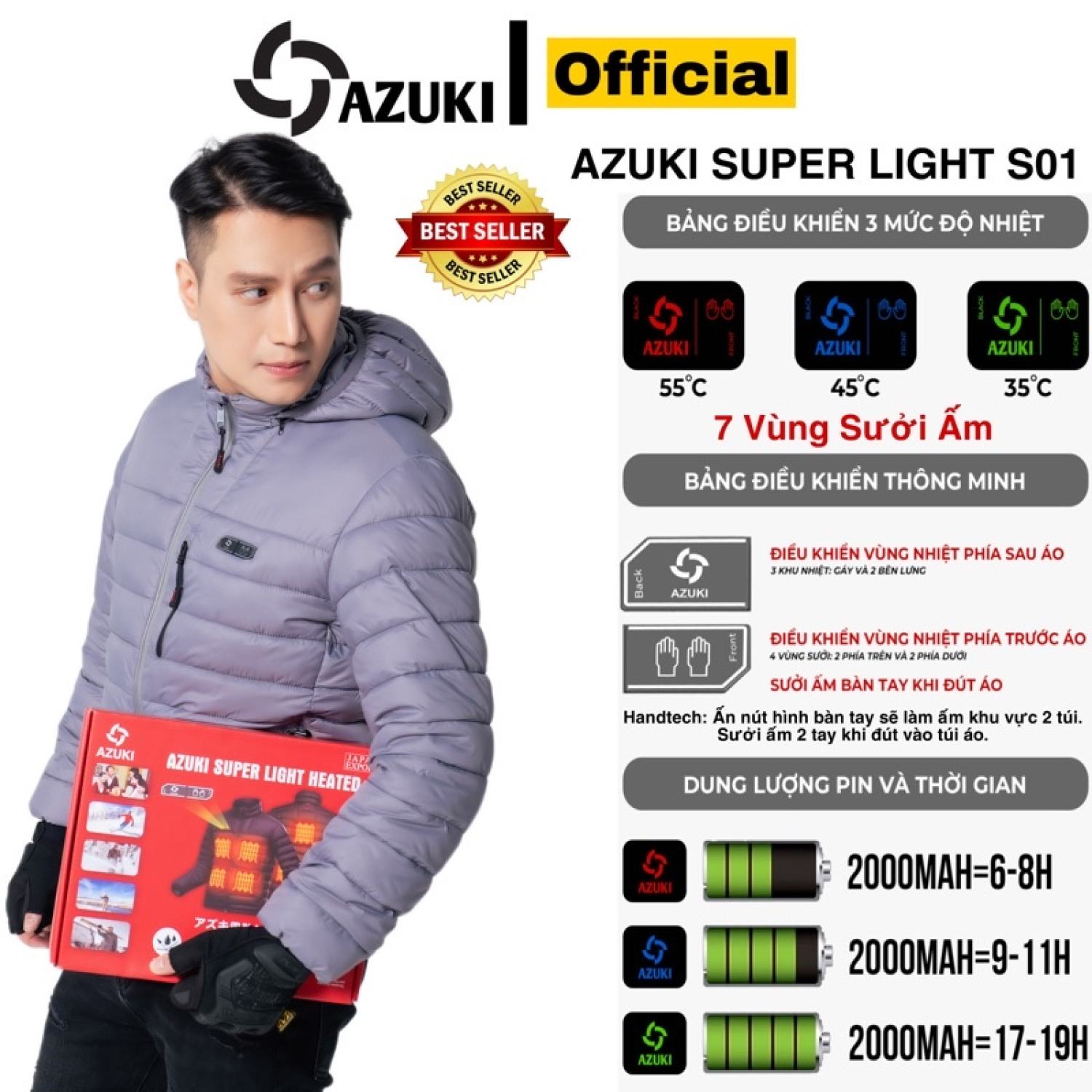 Áo Sưởi Ấm Azuki Super Light S01 Siêu Nhẹ, Pin 20000mah Mẫu Mới nhất 2023 Bảo Hành Chính Hãng 12T