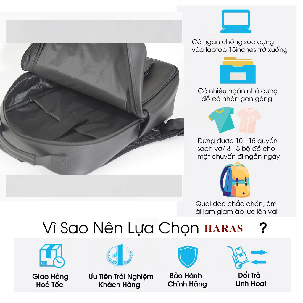 Balo da 2 ngăn laptop thời trang HARAS chất liệu da PU cao cấp có ngăn laptop riêng HR367