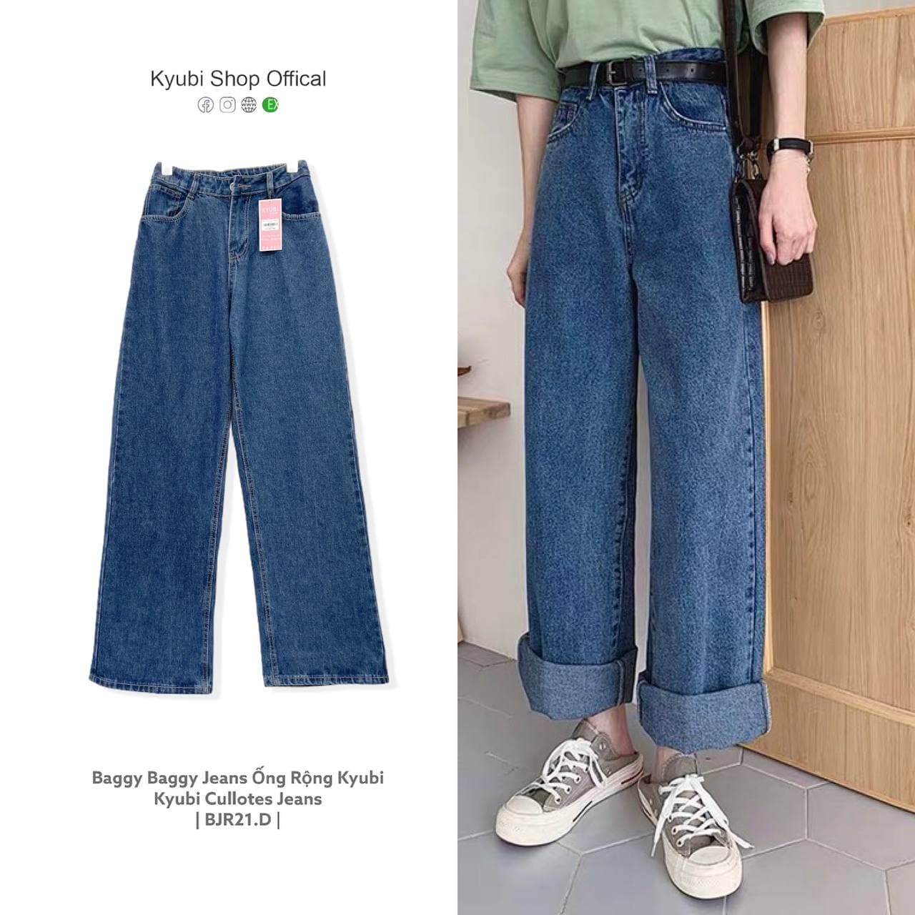 Quần Jean baggy nữ ống rộng Ulzzang Kyubi lưng cao xanh đậm có Bigsize - Quần jean paggy Kyubi BJR21.D